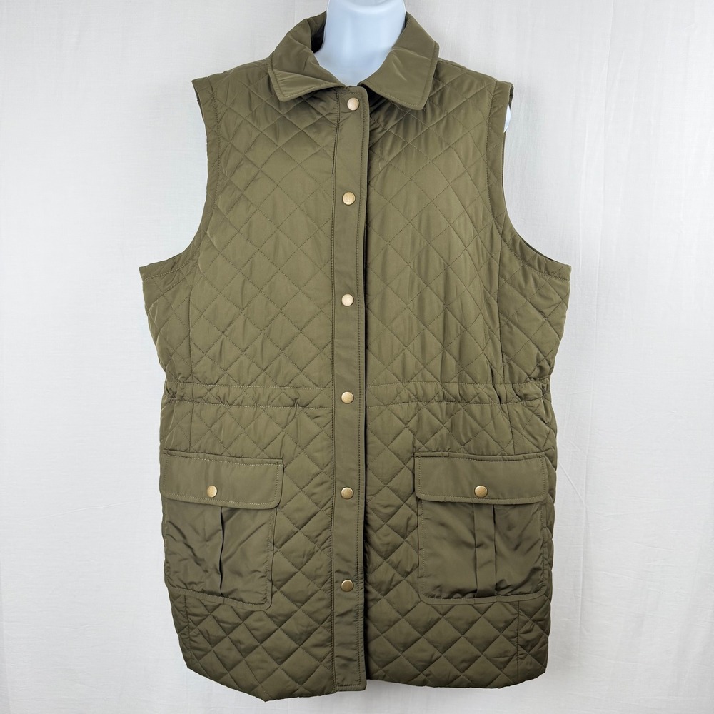 Talbots Plus Women 1X Olive Green Quilted Vest Snap Front Drawstring Waist